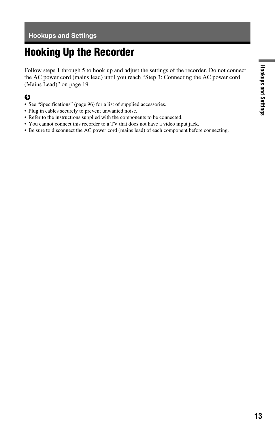 Hookups and settings, Hooking up the recorder | Sony 4-151-079-11(1) User Manual | Page 13 / 100