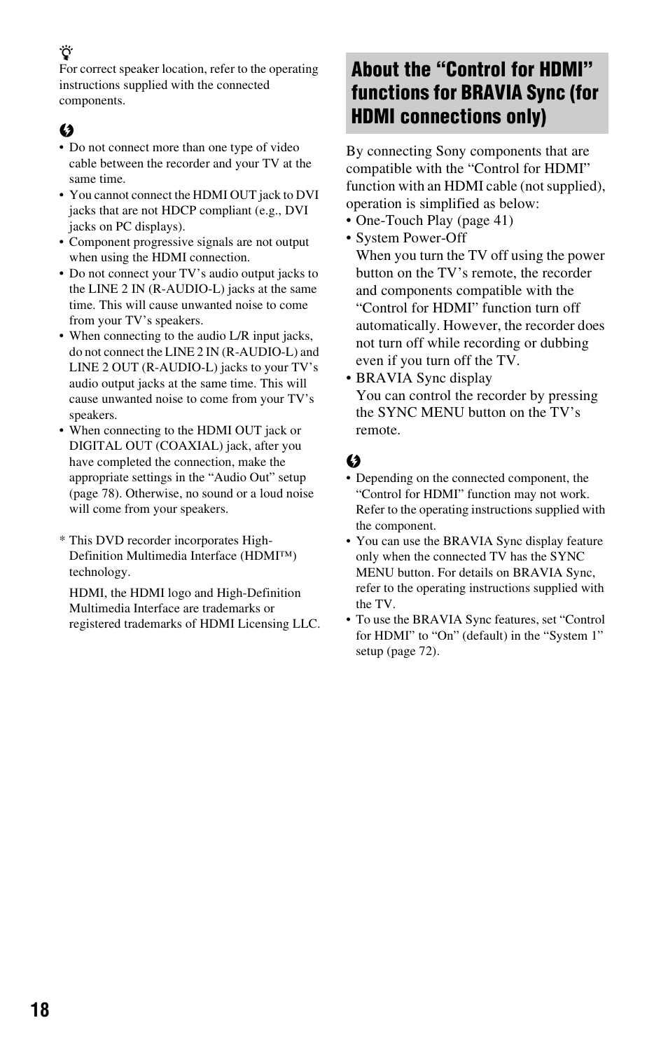 For hdmi connections only) | Sony 4-151-079-11(1) User Manual | Page 18 / 100