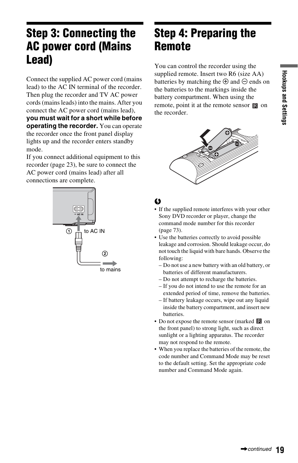 Step 3: connecting the ac power cord (mains lead), Step 4: preparing the remote, Inal (19) | Sony 4-151-079-11(1) User Manual | Page 19 / 100