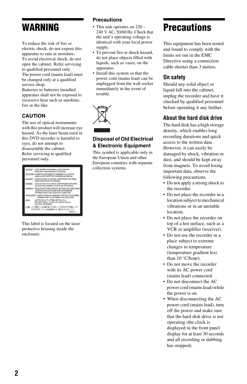 Warning, Precautions | Sony 4-151-079-11(1) User Manual | Page 2 / 100
