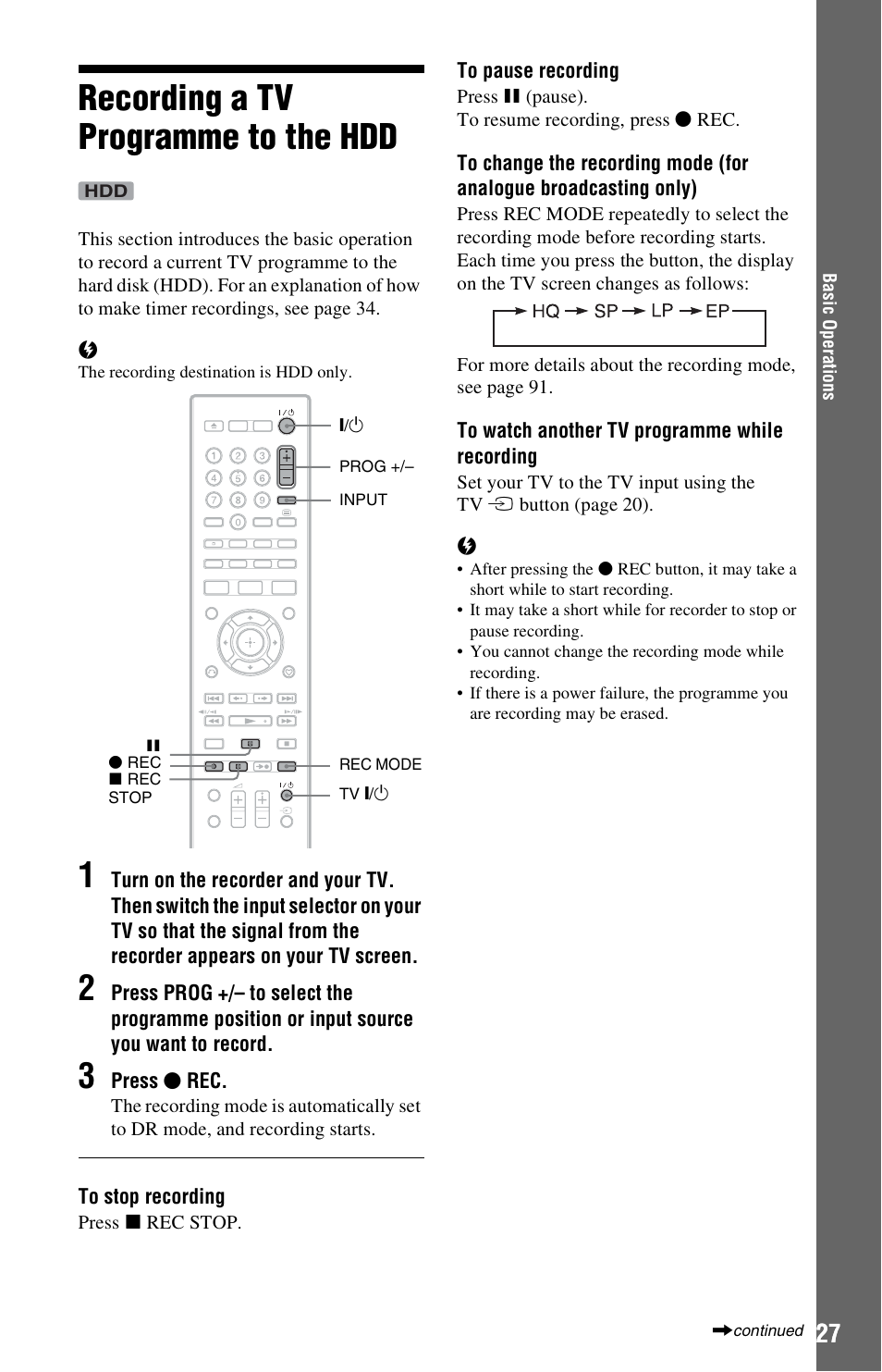 Recording a tv programme to the hdd, Me) +/– (27), Rec (27) | Rec stop (27), De (27) | Sony 4-151-079-11(1) User Manual | Page 27 / 100