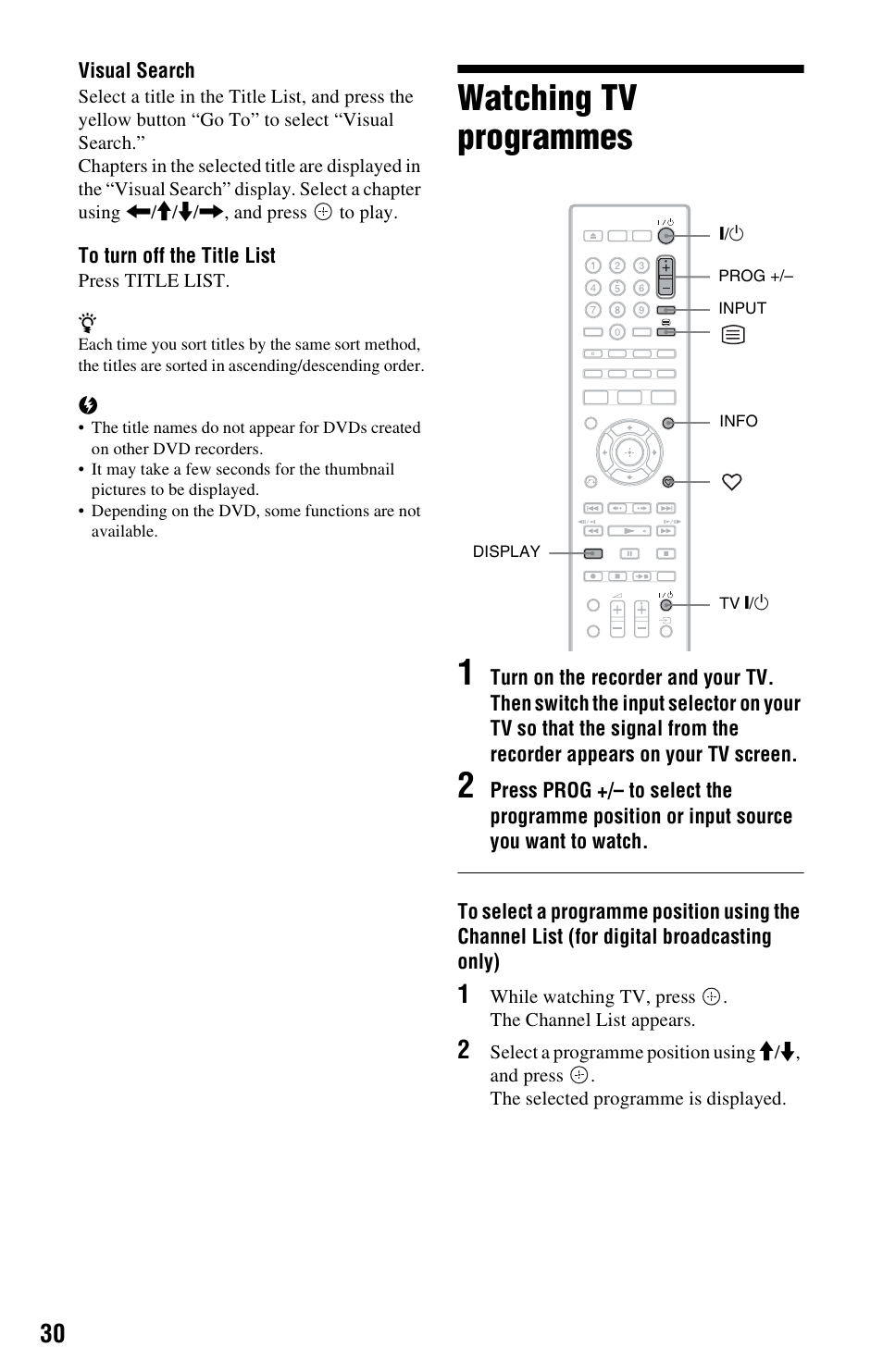 Watching tv programmes, Tv/radio (30), Watching tv programmes 1 | Sony 4-151-079-11(1) User Manual | Page 30 / 100