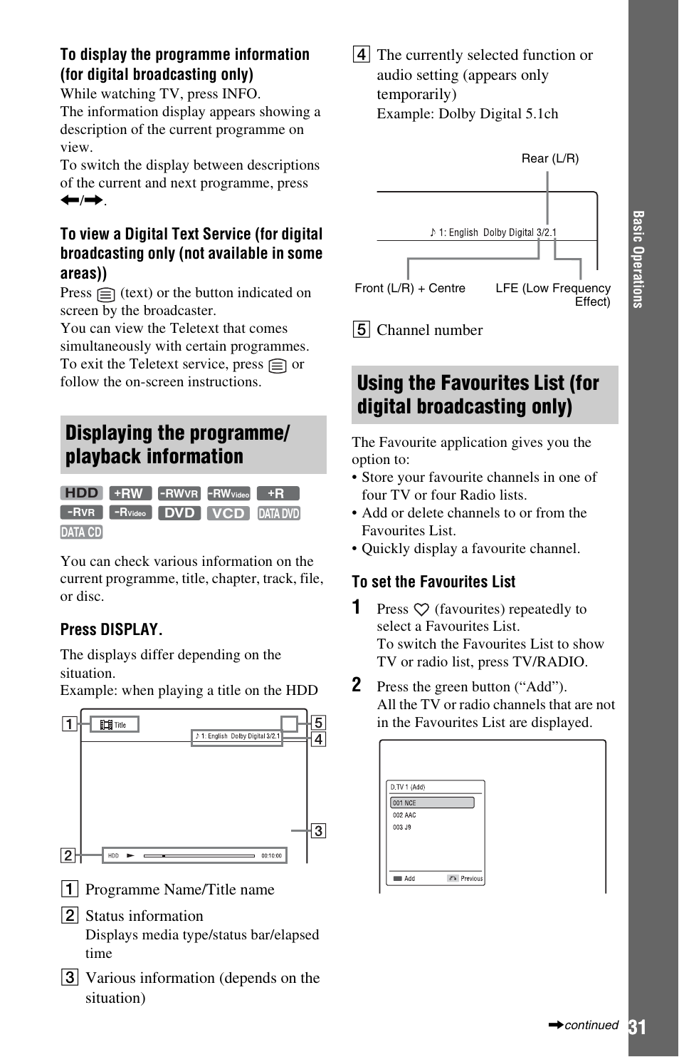 Displaying the programme/playback information, T) (31), Display | Displaying the programme/ playback information | Sony 4-151-079-11(1) User Manual | Page 31 / 100