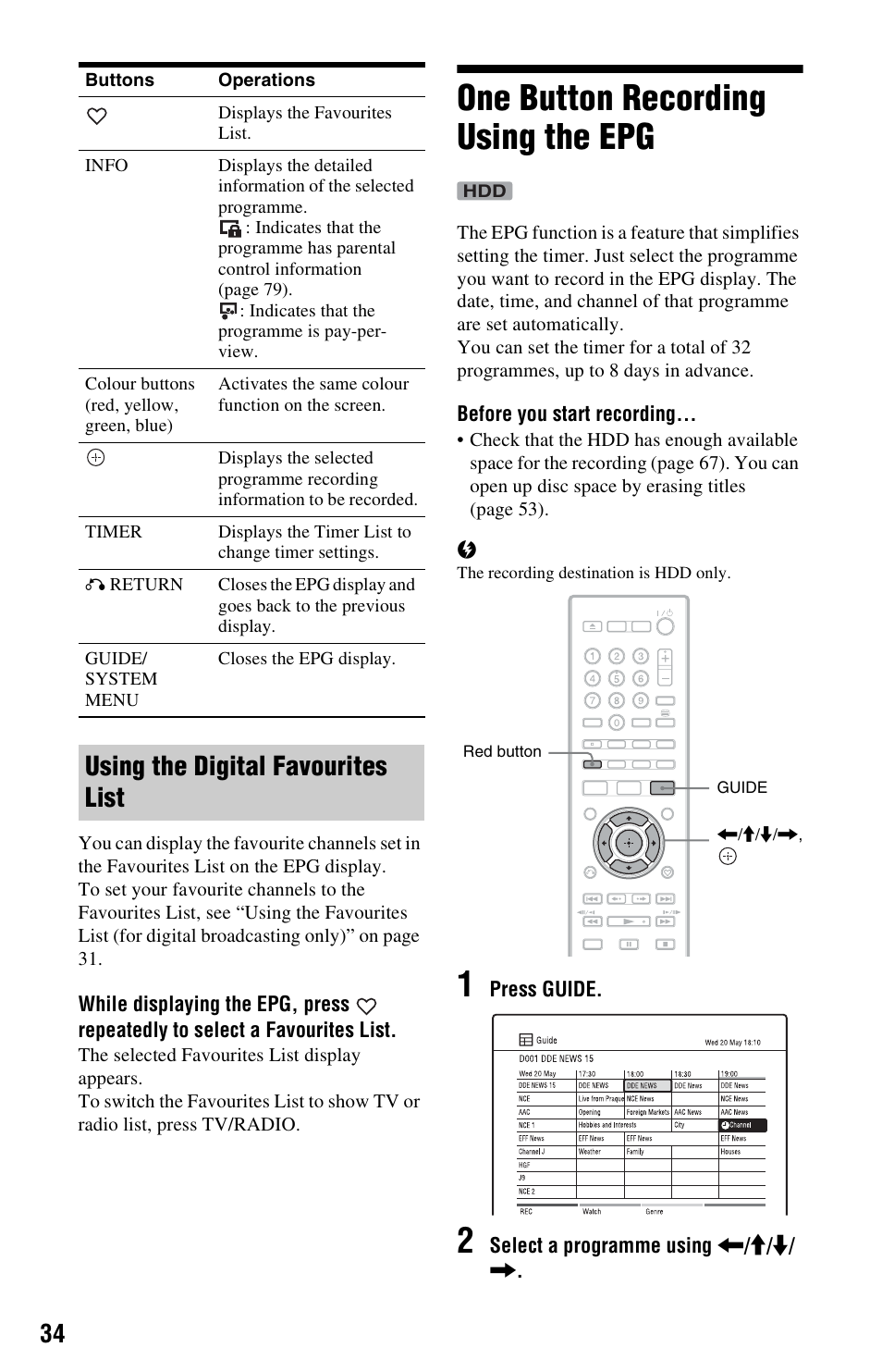 Using the digital favourites list, One button recording using the epg | Sony 4-151-079-11(1) User Manual | Page 34 / 100