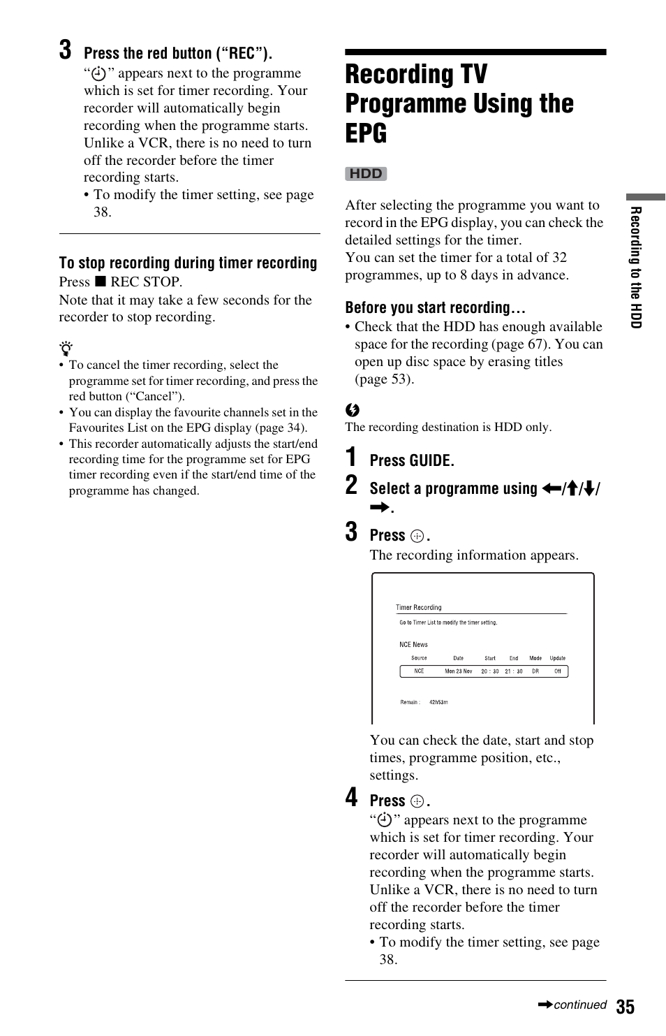 Recording tv programme using the epg | Sony 4-151-079-11(1) User Manual | Page 35 / 100