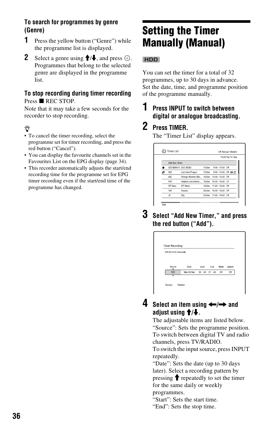 Setting the timer manually (manual) | Sony 4-151-079-11(1) User Manual | Page 36 / 100