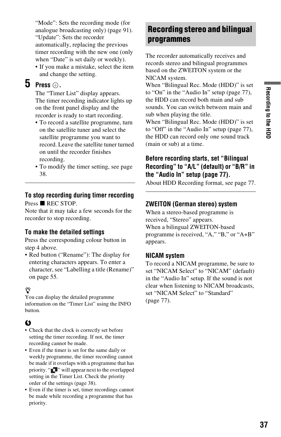 Recording stereo and bilingual programmes | Sony 4-151-079-11(1) User Manual | Page 37 / 100