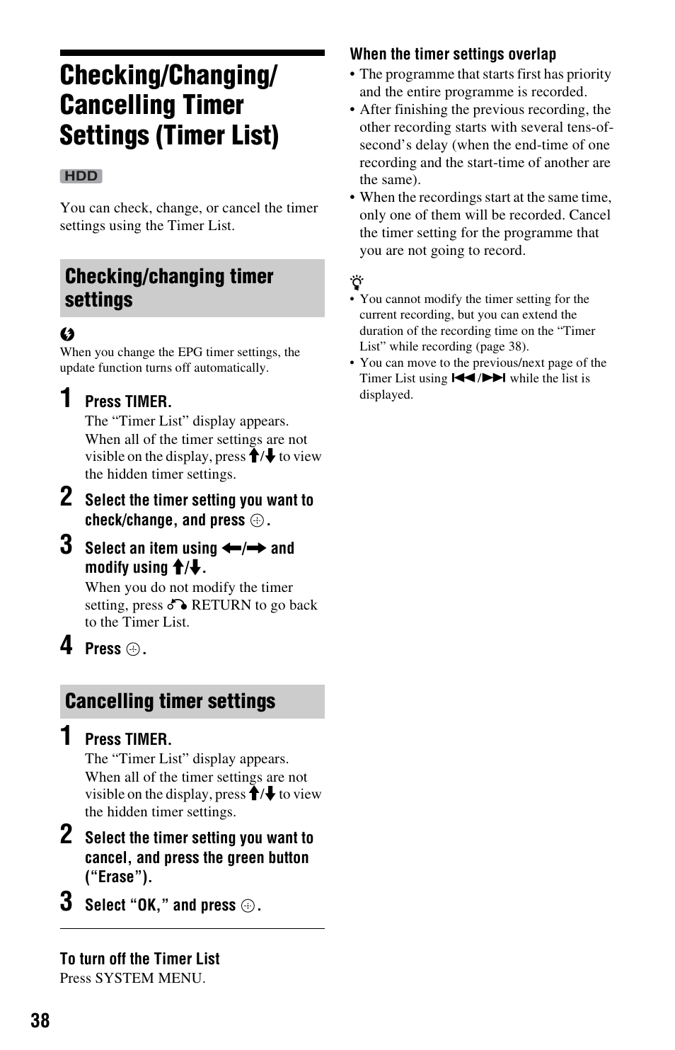 Checking/changing timer settings, Cancelling timer settings | Sony 4-151-079-11(1) User Manual | Page 38 / 100