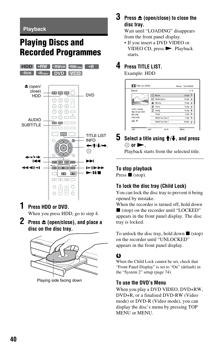 Playback, Playing discs and recorded programmes, Dvd (40) | E) (40), Nu (40), Playing discs and recorded programmes 1 | Sony 4-151-079-11(1) User Manual | Page 40 / 100