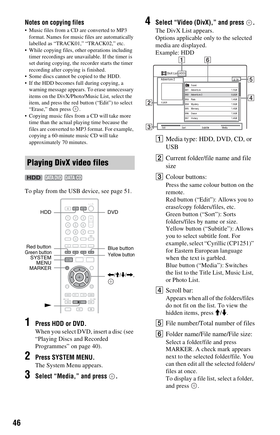 Playing divx video files | Sony 4-151-079-11(1) User Manual | Page 46 / 100