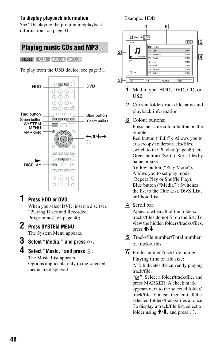 Playing music cds and mp3 | Sony 4-151-079-11(1) User Manual | Page 48 / 100