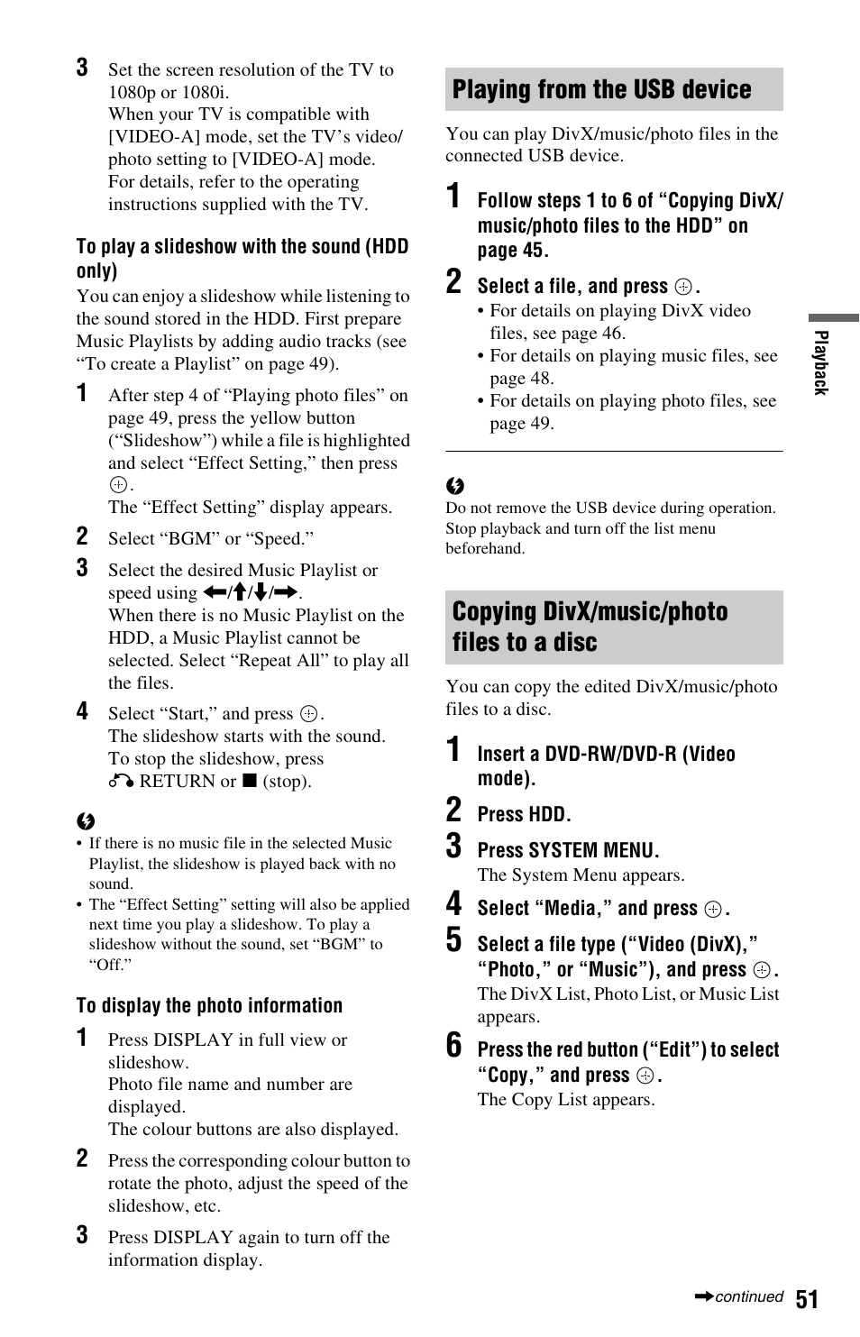 Playing from the usb device, Copying divx/music/photo files to a disc | Sony 4-151-079-11(1) User Manual | Page 51 / 100