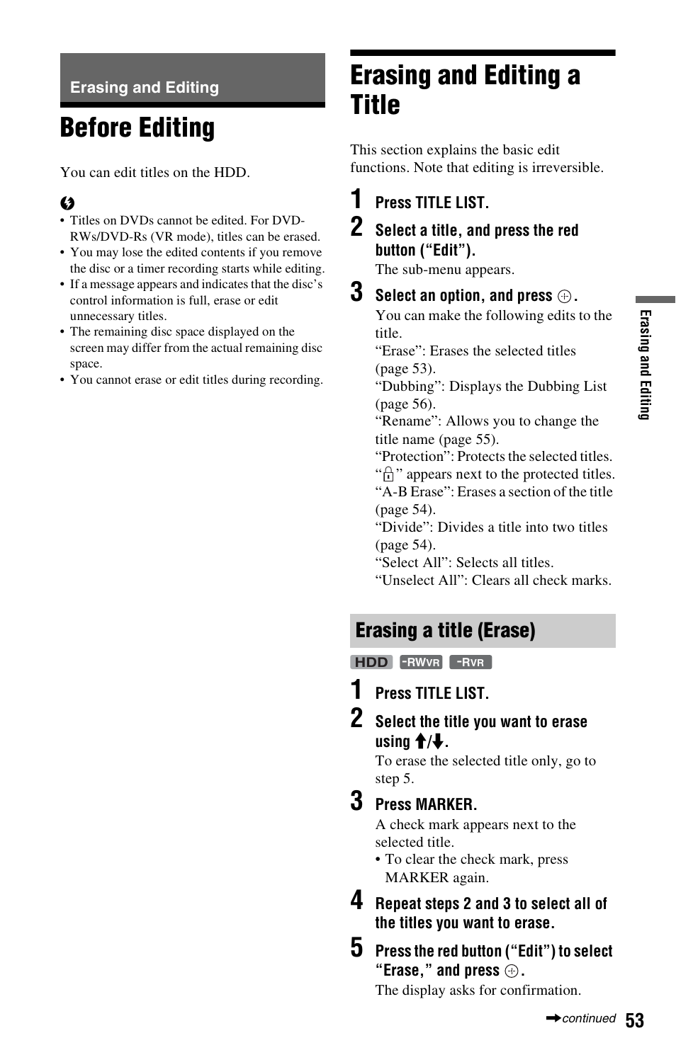 Erasing and editing, Before editing, Erasing and editing a title | Erasing a title (erase), Before editing erasing and editing a title | Sony 4-151-079-11(1) User Manual | Page 53 / 100