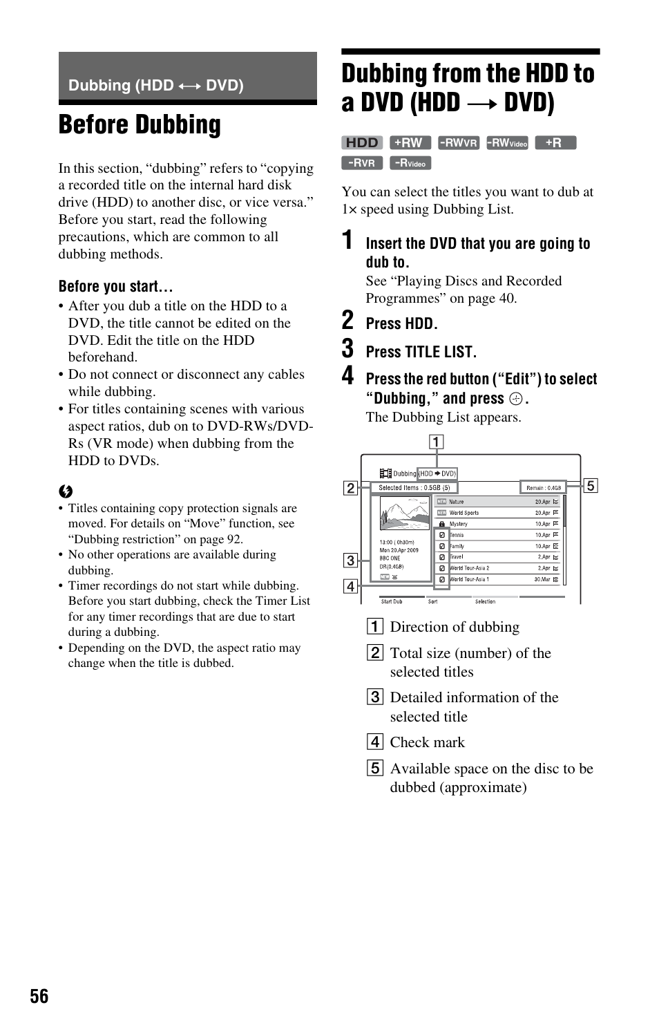 Dubbing (hdd y dvd), Before dubbing, Dubbing from the hdd to a dvd (hdd t dvd) | Before dubbing dubbing from the hdd to a dvd (hdd, T dvd) | Sony 4-151-079-11(1) User Manual | Page 56 / 100