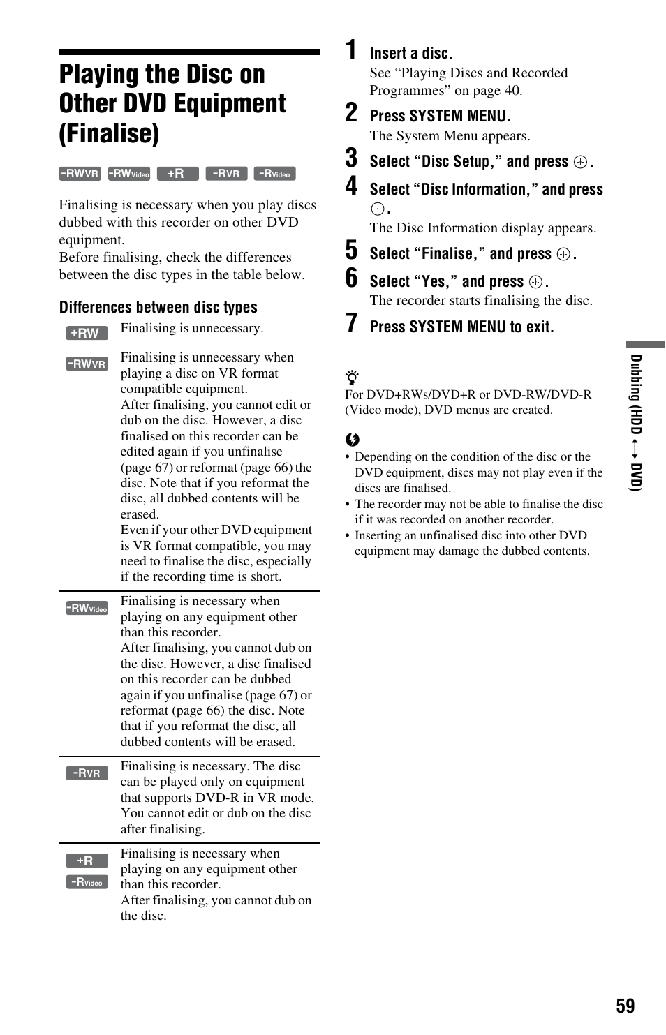 Playing the disc on other dvd equipment (finalise), S 2 t, Ge 59 | Differences between disc types | Sony 4-151-079-11(1) User Manual | Page 59 / 100