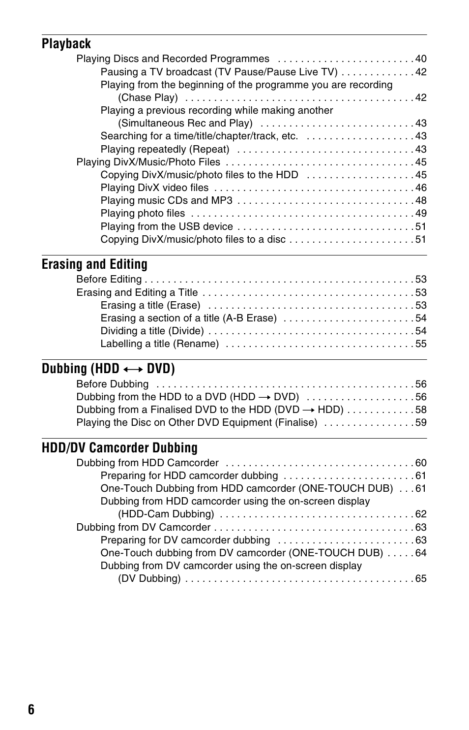 6playback, Erasing and editing, Dubbing (hdd y dvd) | Hdd/dv camcorder dubbing | Sony 4-151-079-11(1) User Manual | Page 6 / 100