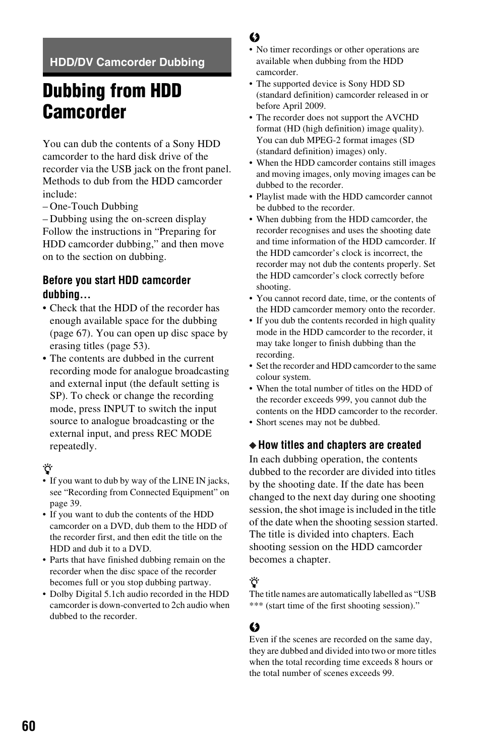 Hdd/dv camcorder dubbing, Dubbing from hdd camcorder | Sony 4-151-079-11(1) User Manual | Page 60 / 100