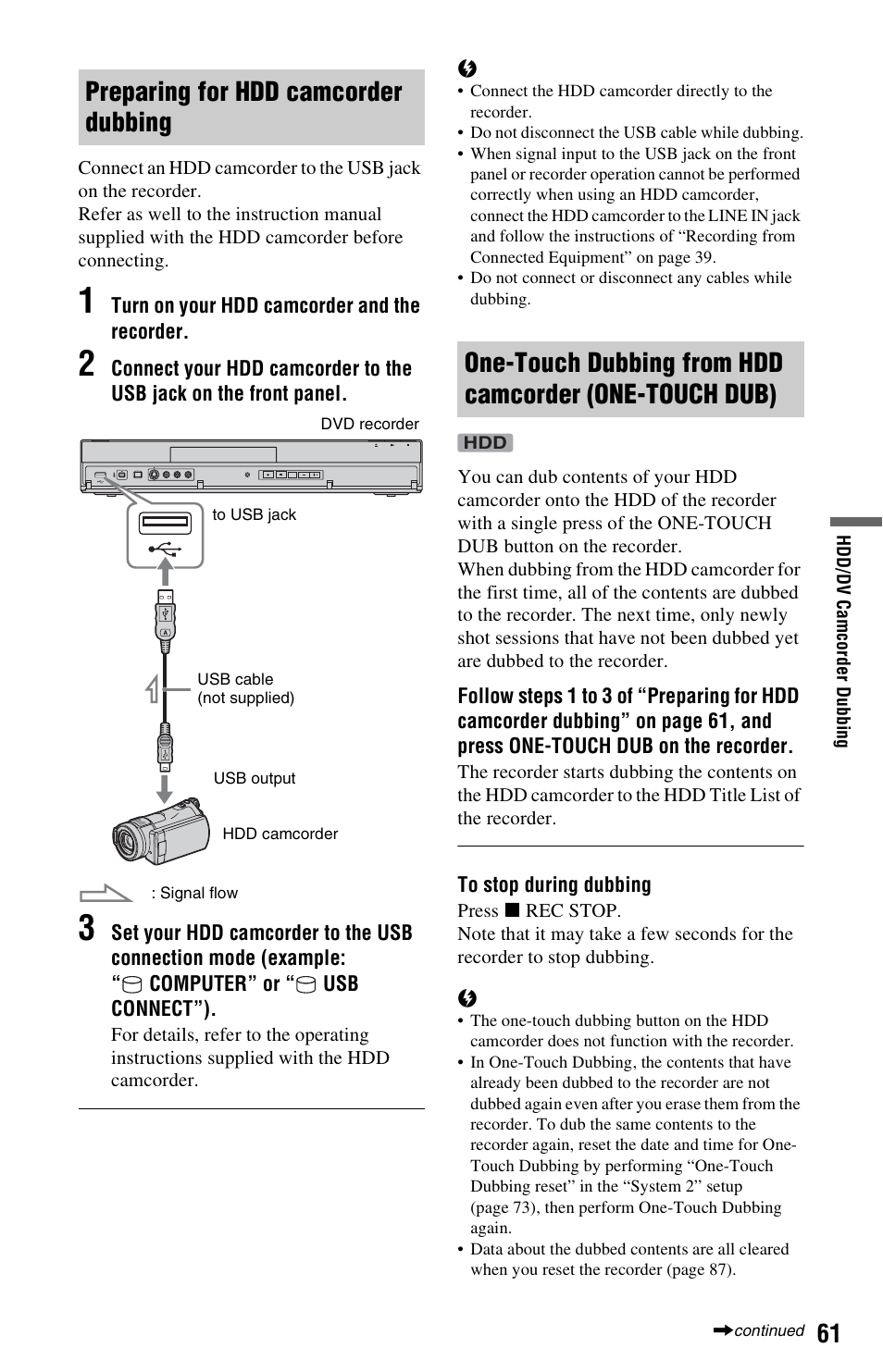 Preparing for hdd camcorder dubbing, Uch dub (61 | Sony 4-151-079-11(1) User Manual | Page 61 / 100