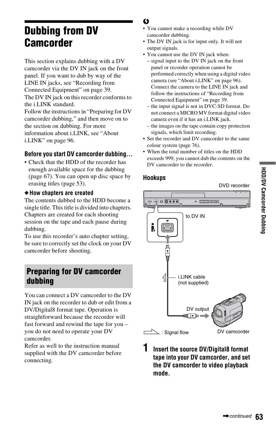 Dubbing from dv camcorder, Preparing for dv camcorder dubbing | Sony 4-151-079-11(1) User Manual | Page 63 / 100