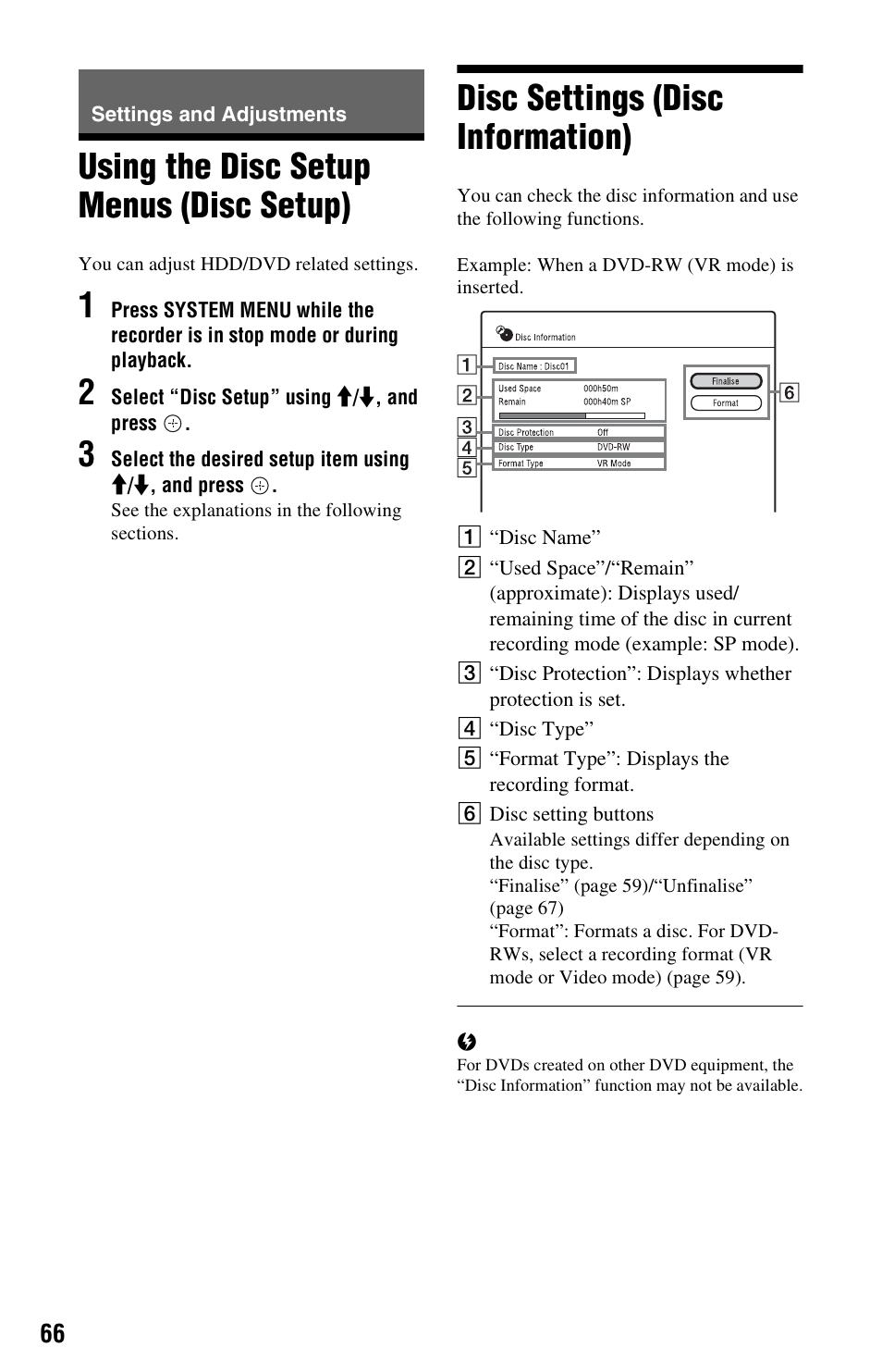 Settings and adjustments, Using the disc setup menus (disc setup), Disc settings (disc information) | Sony 4-151-079-11(1) User Manual | Page 66 / 100