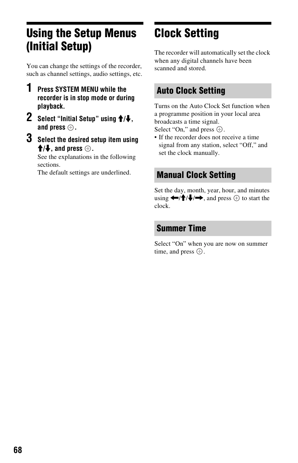 Using the setup menus (initial setup), Clock setting | Sony 4-151-079-11(1) User Manual | Page 68 / 100