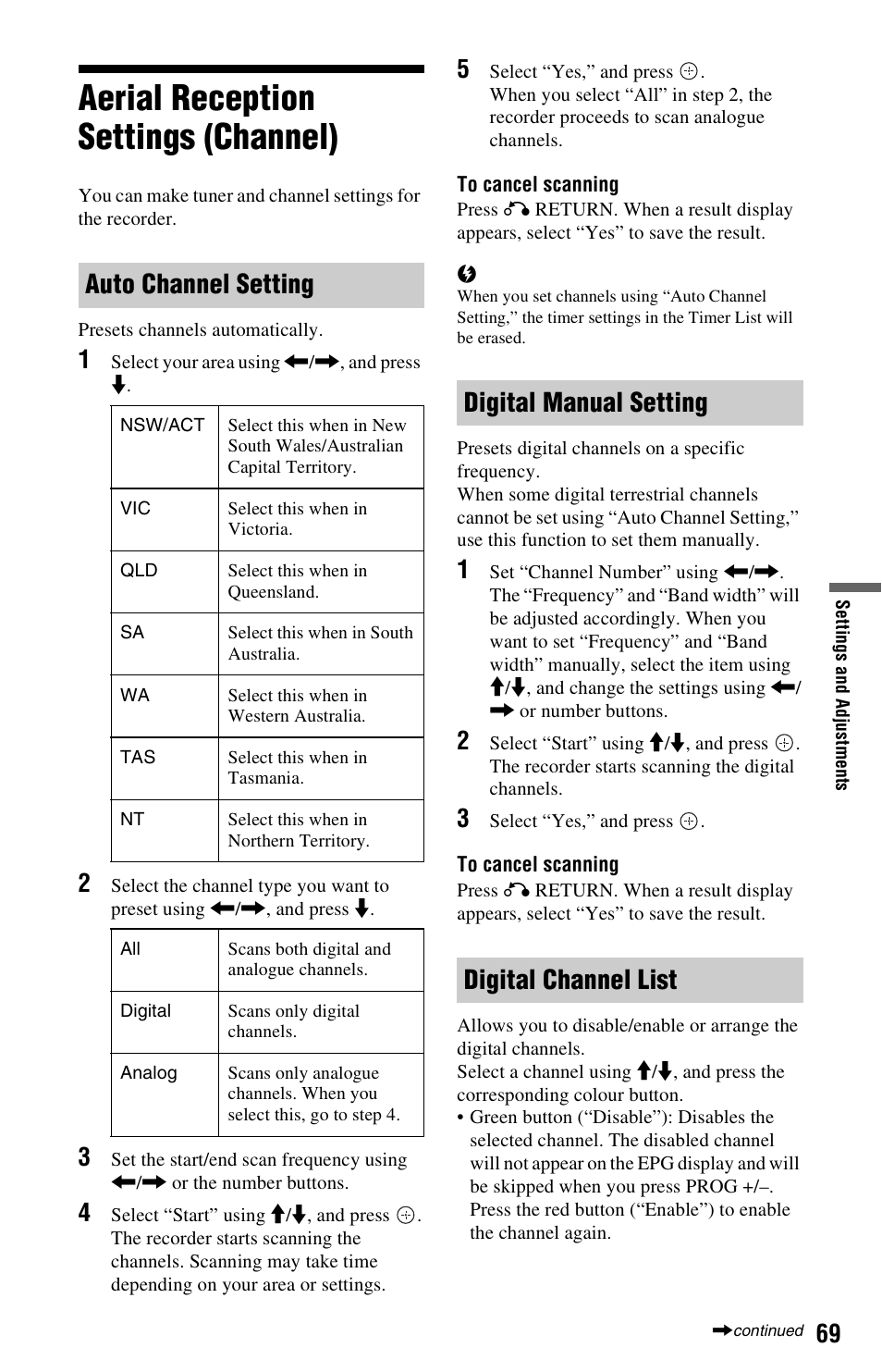 Aerial reception settings (channel), Auto channel setting, Digital manual setting digital channel list | Sony 4-151-079-11(1) User Manual | Page 69 / 100