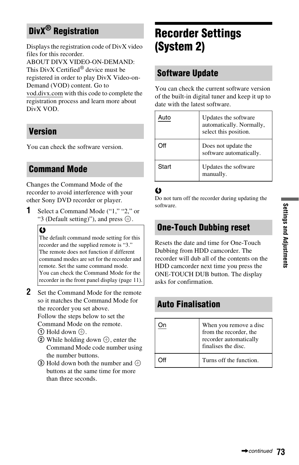 Recorder settings (system 2), Divx, Registration version command mode | Software update, One-touch dubbing reset auto finalisation | Sony 4-151-079-11(1) User Manual | Page 73 / 100