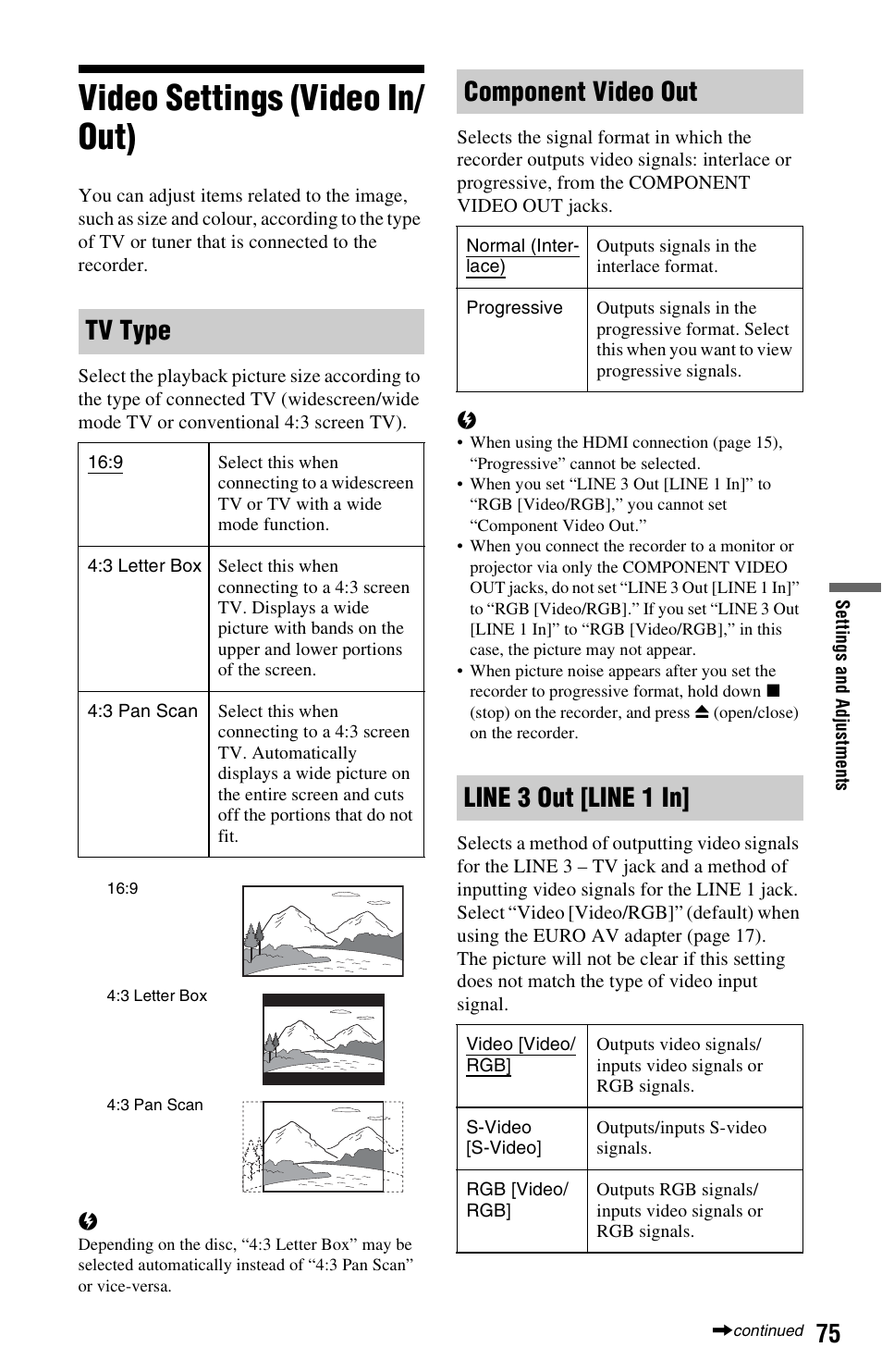 Video settings (video in/out), Video settings (video in/ out), Tv type | Component video out, Line 3 out [line 1 in | Sony 4-151-079-11(1) User Manual | Page 75 / 100