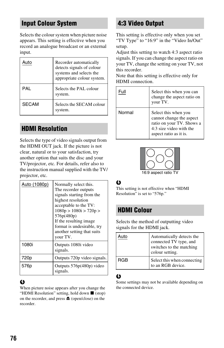 Input colour system, Hdmi resolution, 3 video output | Hdmi colour | Sony 4-151-079-11(1) User Manual | Page 76 / 100