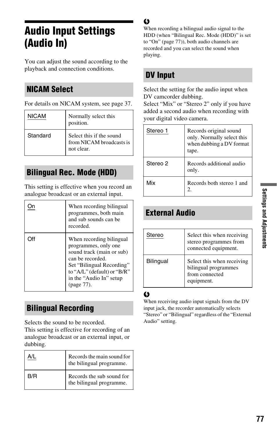 Audio input settings (audio in), Nicam select, Bilingual rec. mode (hdd) | Bilingual recording, Dv input, External audio | Sony 4-151-079-11(1) User Manual | Page 77 / 100