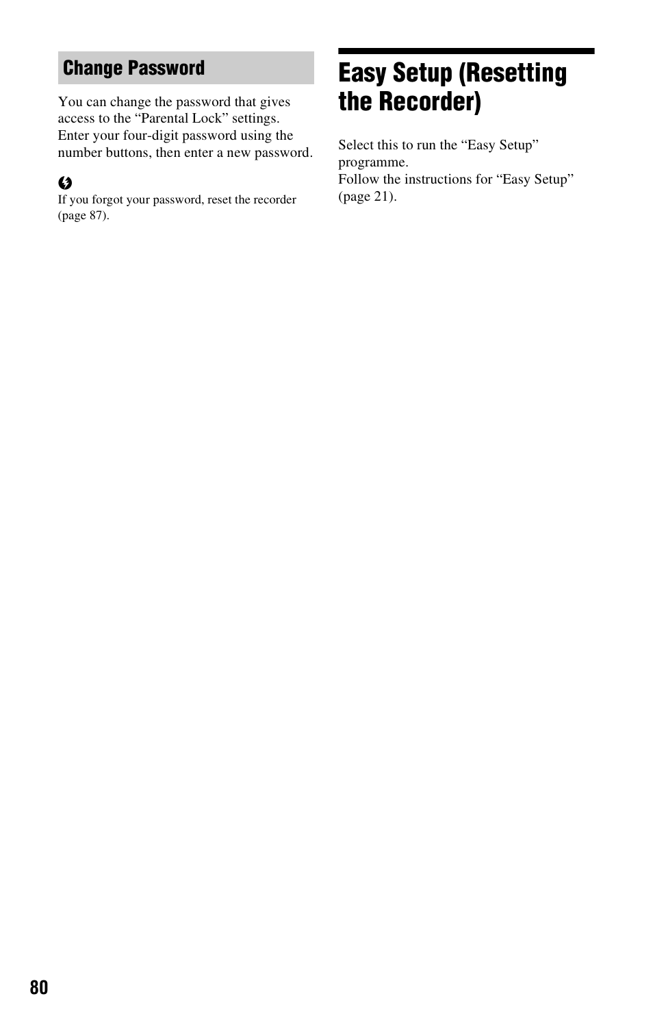 Easy setup (resetting the recorder) | Sony 4-151-079-11(1) User Manual | Page 80 / 100