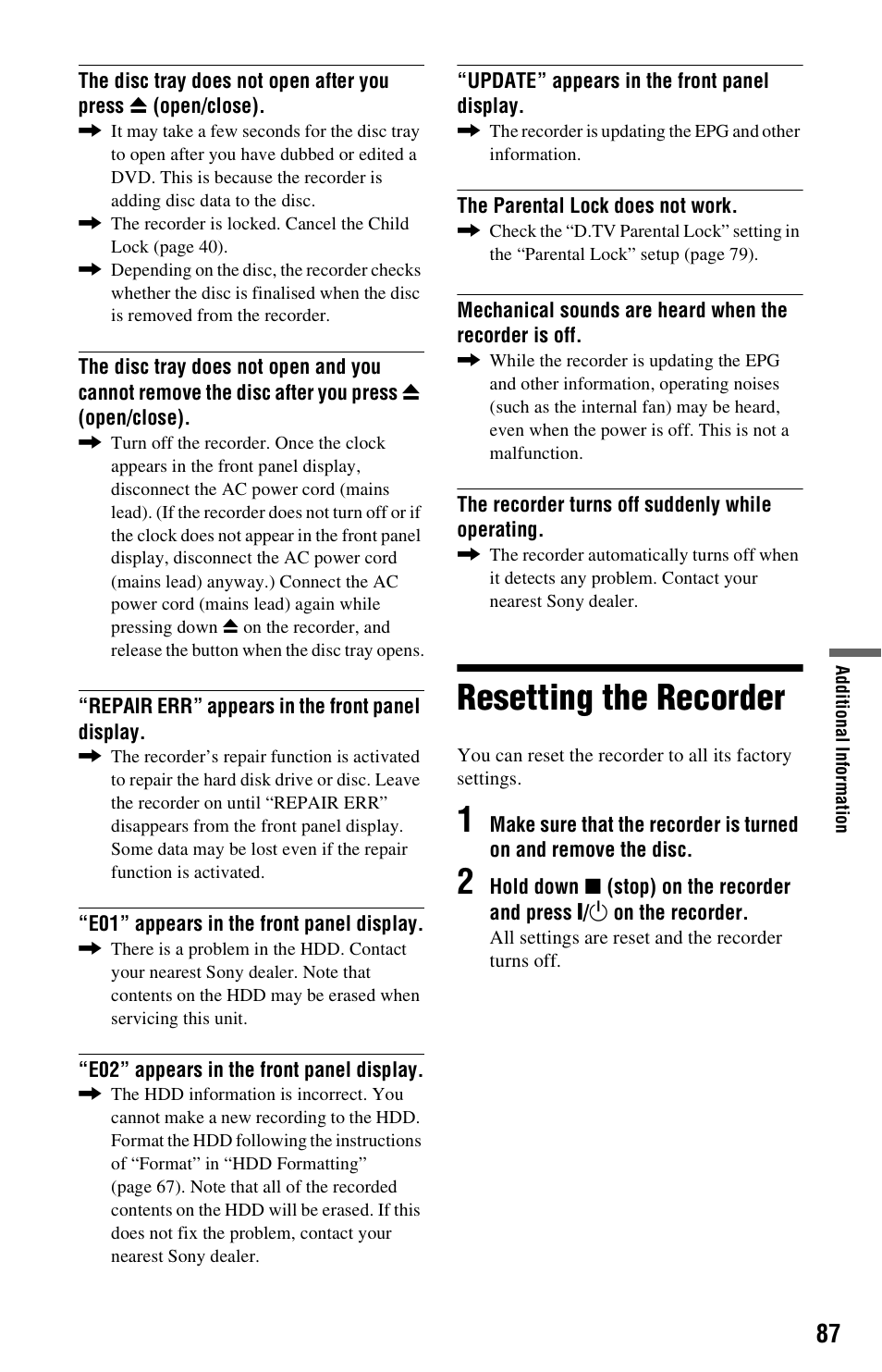 Resetting the recorder | Sony 4-151-079-11(1) User Manual | Page 87 / 100