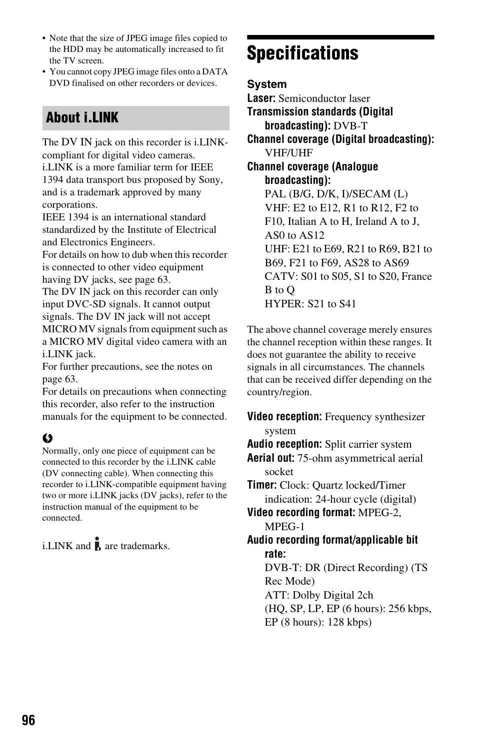 Specifications, About i.link” on, About i.link | Sony 4-151-079-11(1) User Manual | Page 96 / 100