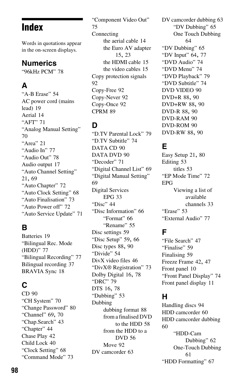 Index, Numerics | Sony 4-151-079-11(1) User Manual | Page 98 / 100