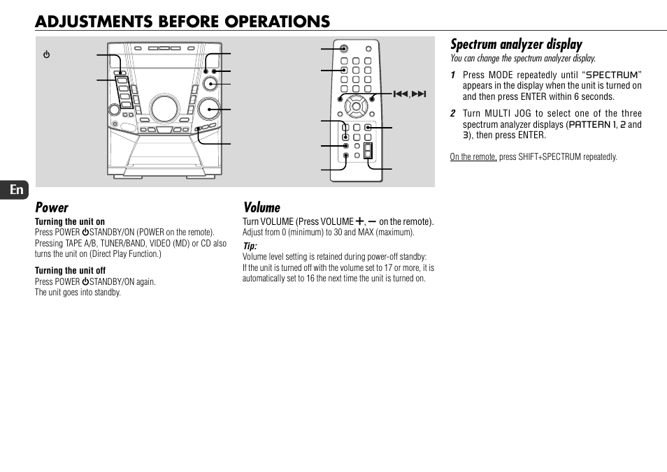 Adjustments before operations, Power, Volume | Spectrum analyzer display, 10 en | Sony JAX-S8 User Manual | Page 10 / 27