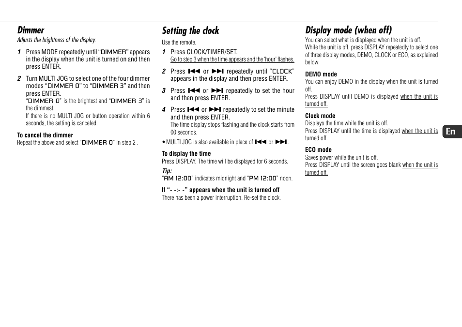 Dimmer, Setting the clock, Display mode (when off) | 11 en | Sony JAX-S8 User Manual | Page 11 / 27