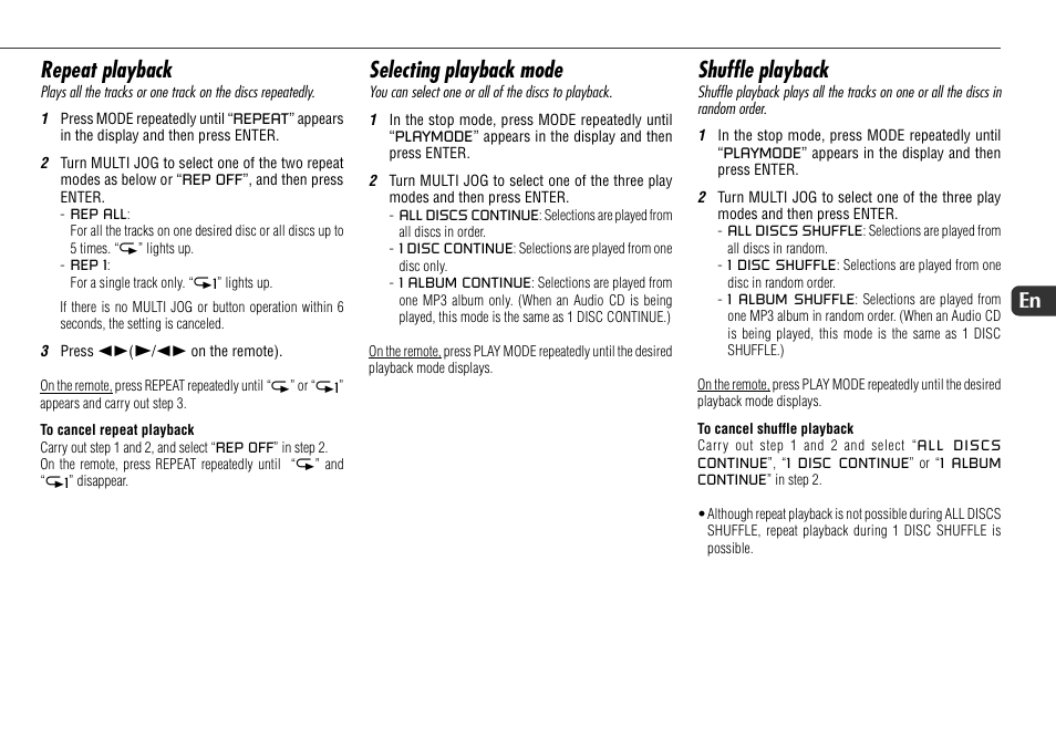 Repeat playback, Selecting playback mode, Shuffle playback | 13 en | Sony JAX-S8 User Manual | Page 13 / 27