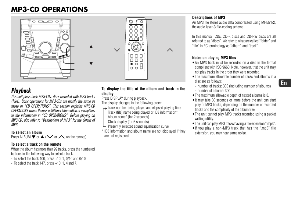 Mp3-cd operations, Playback, 15 en | Sony JAX-S8 User Manual | Page 15 / 27