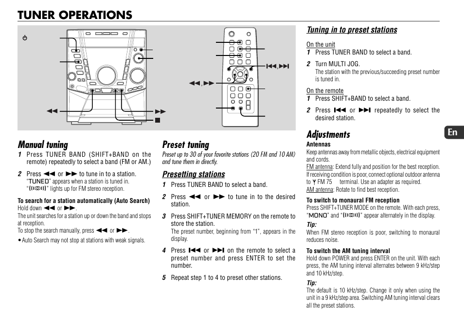 Tuner operations, Manual tuning, Preset tuning | Adjustments, 17 en | Sony JAX-S8 User Manual | Page 17 / 27