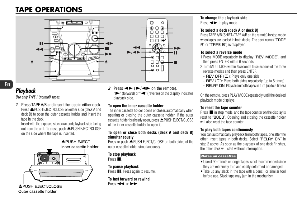 Tape operations, Playback, 18 en | Sony JAX-S8 User Manual | Page 18 / 27
