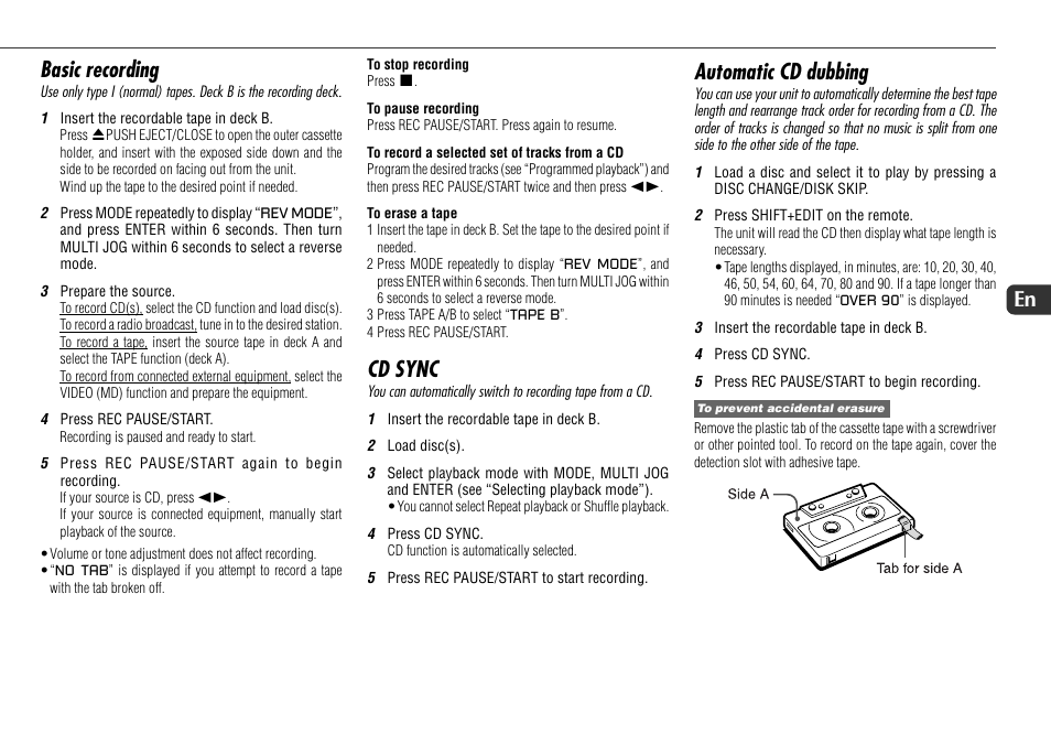 Basic recording, Cd sync, Automatic cd dubbing | 19 en | Sony JAX-S8 User Manual | Page 19 / 27