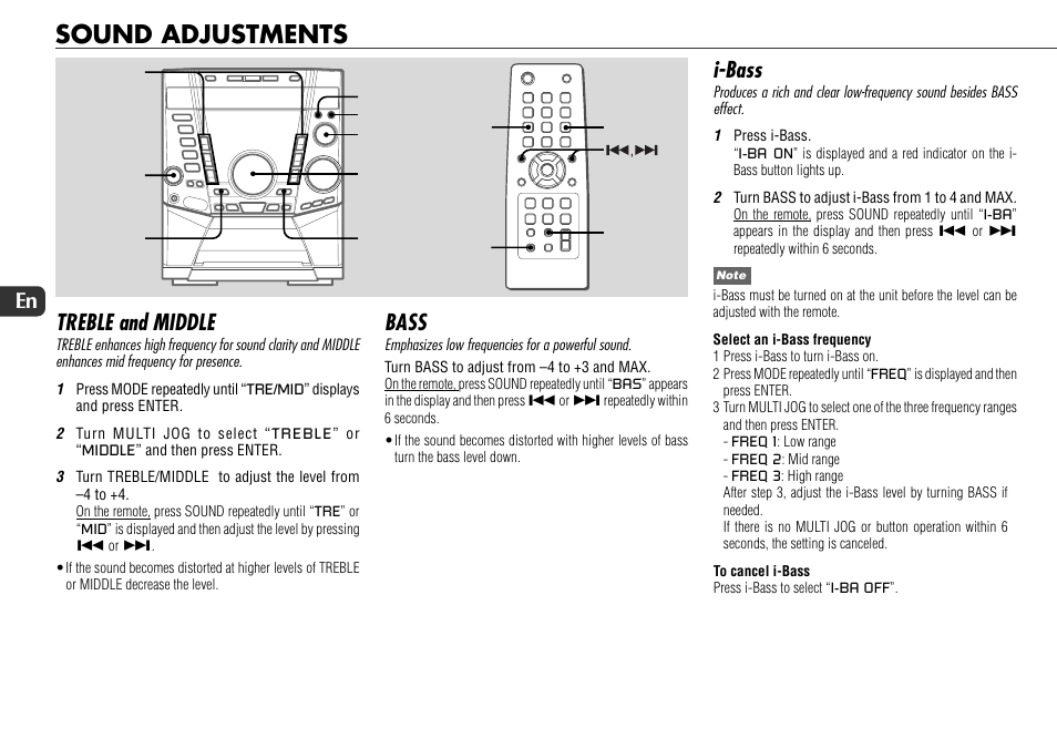 Sound adjustments, Treble and middle, Bass | I-bass, 20 en | Sony JAX-S8 User Manual | Page 20 / 27