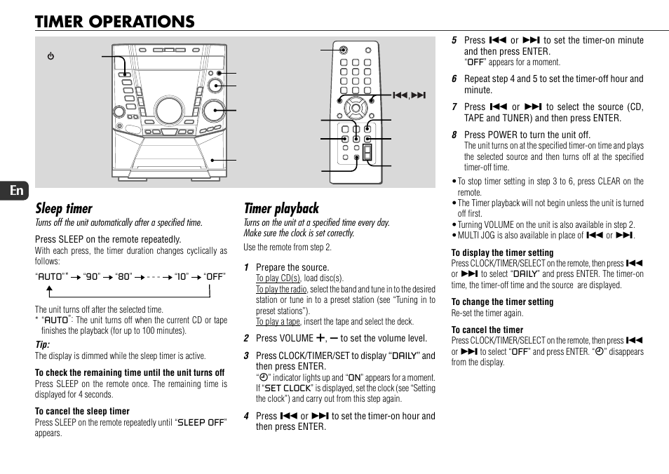 Timer operations, Sleep timer, Timer playback | 22 en | Sony JAX-S8 User Manual | Page 22 / 27