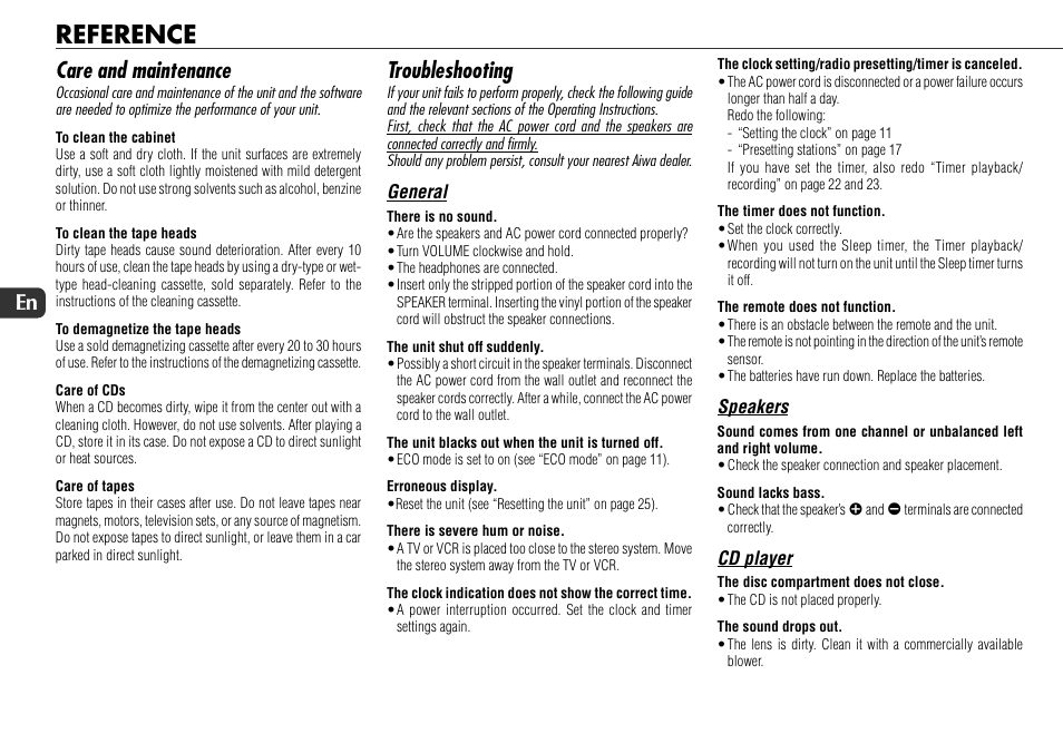 Reference, Care and maintenance, Troubleshooting | 24 en | Sony JAX-S8 User Manual | Page 24 / 27