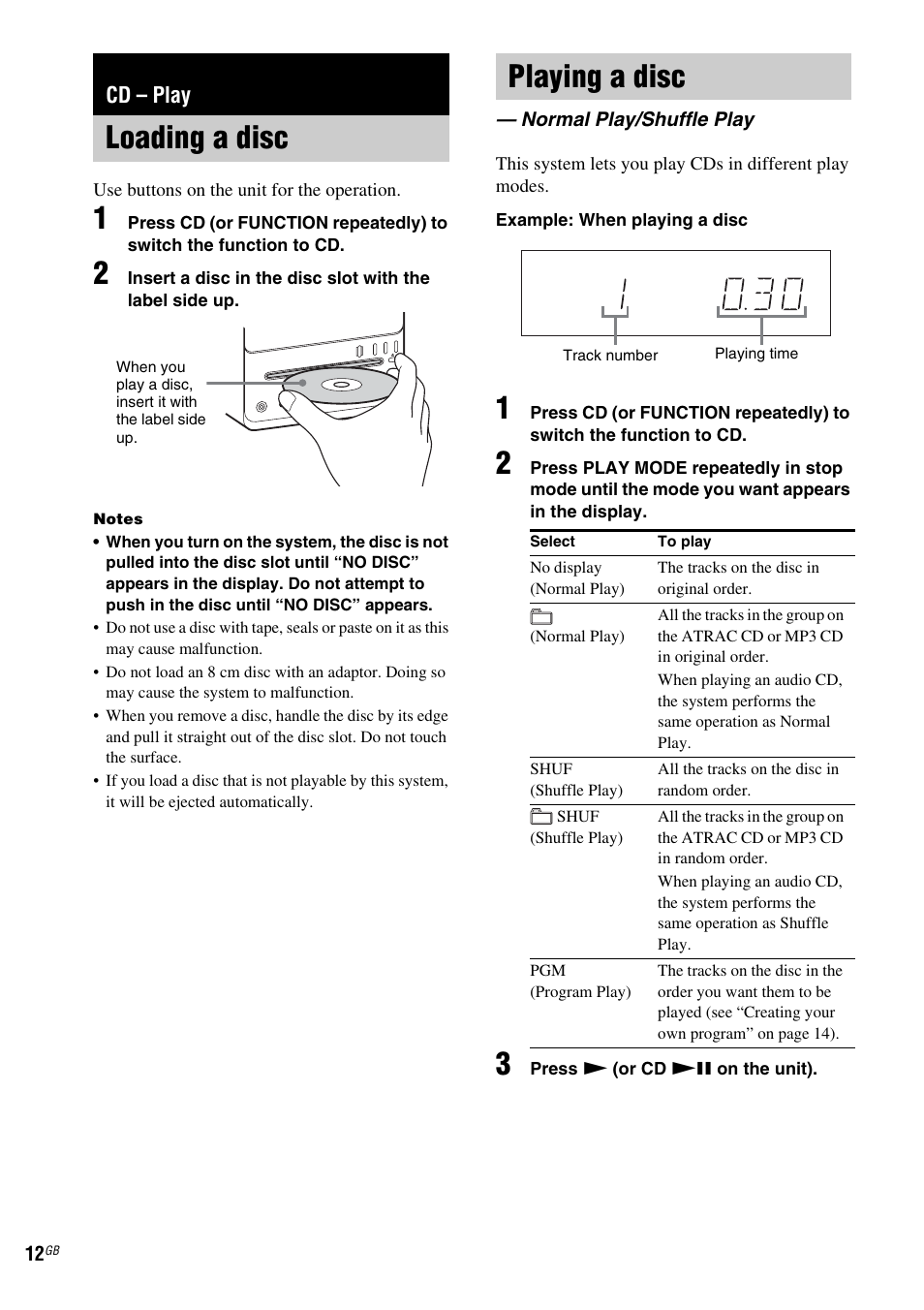 Cd - play, Loading a disc, Playing a disc | Normal play/shuffle play, Cd – play, Loading a disc playing a disc | Sony CMT-GPZ7 User Manual | Page 12 / 40
