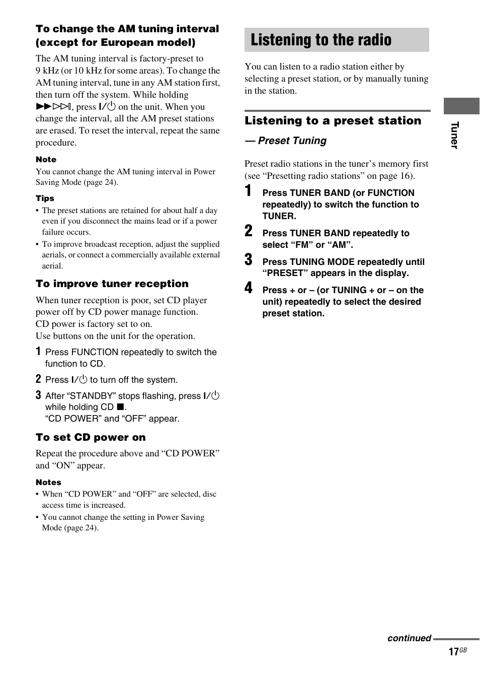 Listening to the radio, Preset tuning | Sony CMT-GPZ7 User Manual | Page 17 / 40