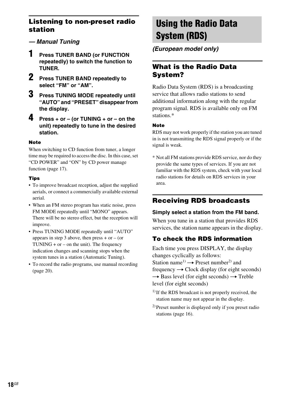 Manual tuning, Using the radio data system (rds), European model only) | Sony CMT-GPZ7 User Manual | Page 18 / 40