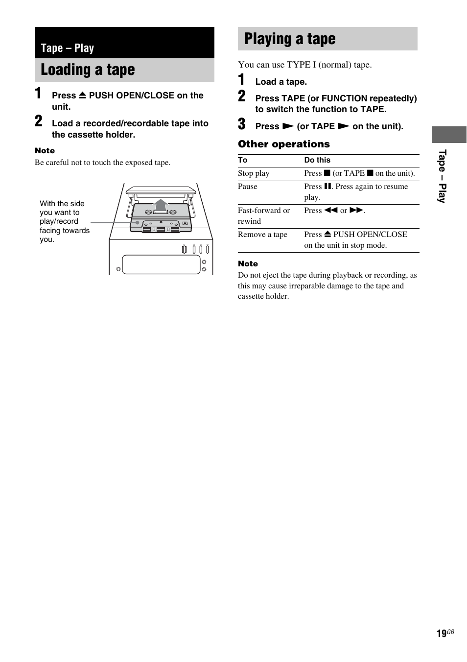 Tape - play, Loading a tape, Playing a tape | Tape – play, Loading a tape playing a tape | Sony CMT-GPZ7 User Manual | Page 19 / 40