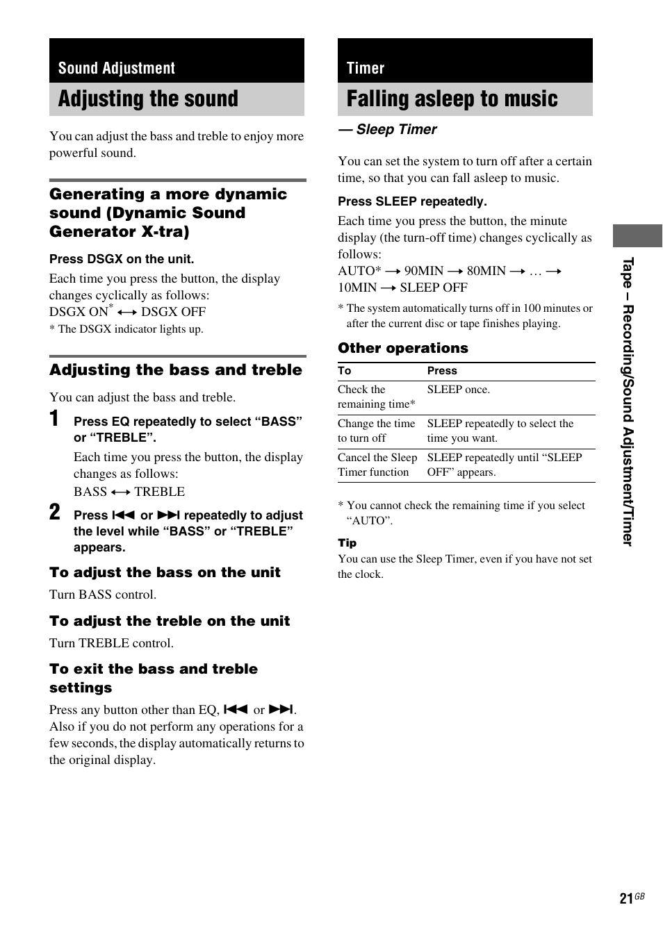 Sound adjustment, Adjusting the sound, Timer | Falling asleep to music, Sleep timer | Sony CMT-GPZ7 User Manual | Page 21 / 40