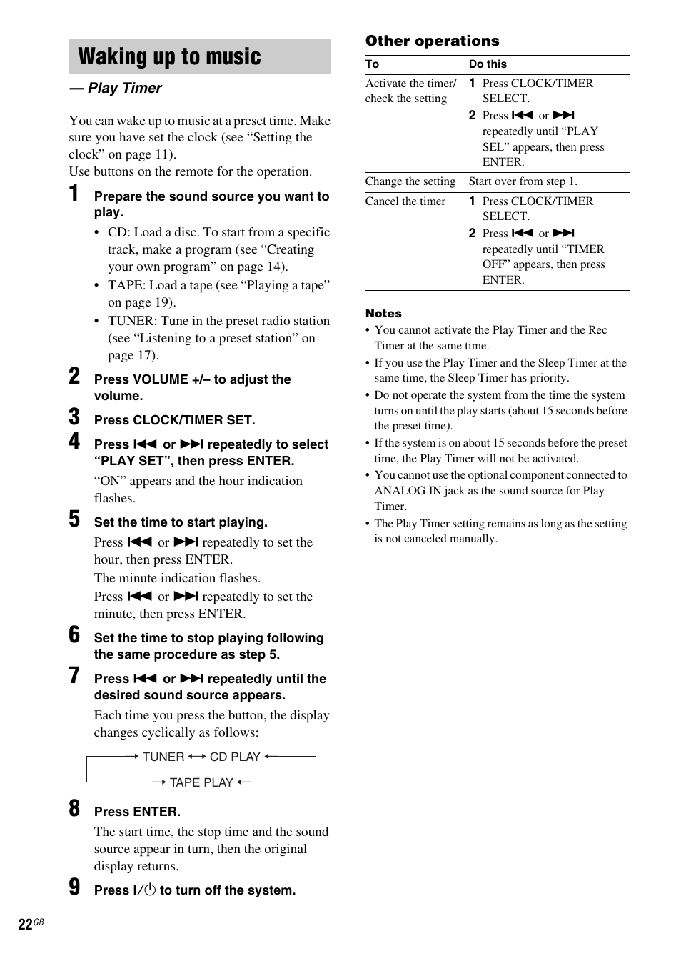 Waking up to music, Play timer | Sony CMT-GPZ7 User Manual | Page 22 / 40